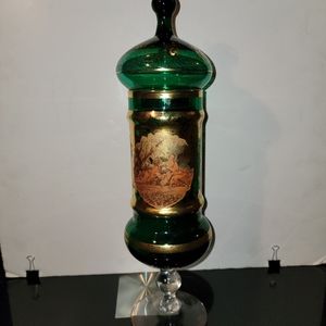 14 1/2" Vintage Ornamental Vase with Lid Green /Gold Around With Gold Trim